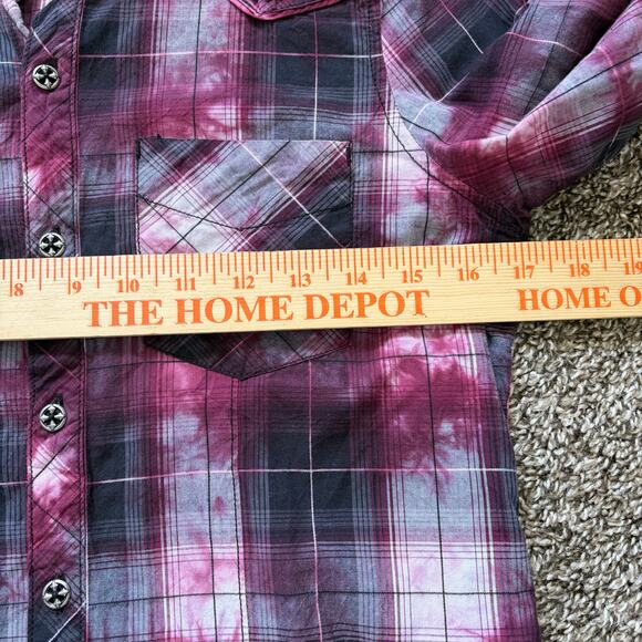 Affliction Womens Y2K Button Up Shirt M Black Maroon Plaid Moto Spell Out Logo - Picture 7 of 12